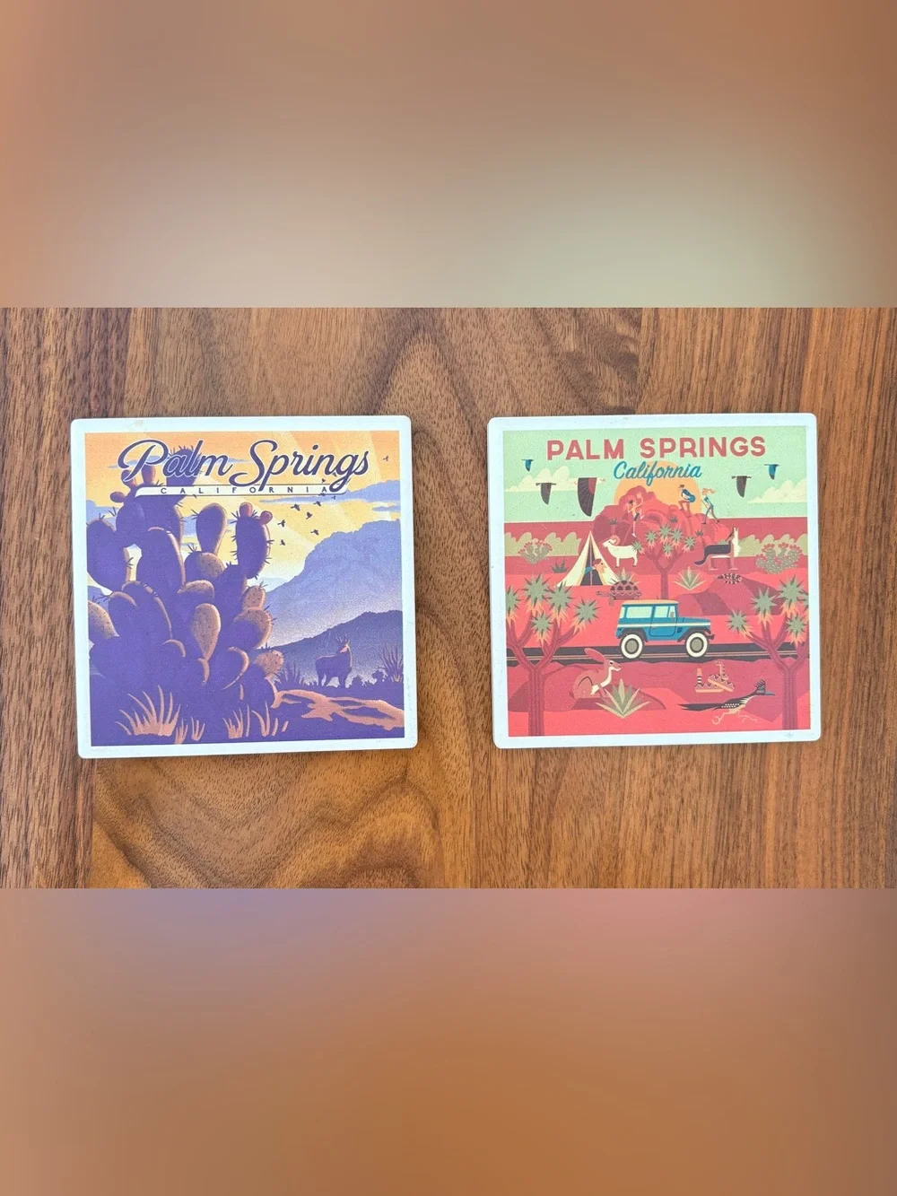 Palm Springs California Ceramic Coaster Set of 2 | Absorbent Stone & Cork Back